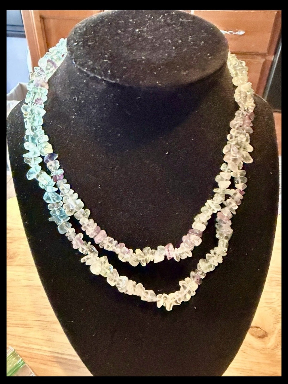Fluorite Chip 36” Single Strand Necklace. Shown double.